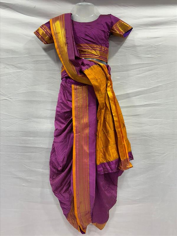 417 PURPLE CHEKS MARATHI SAREE MUSTARD BORDER Marathi K B Dresswala