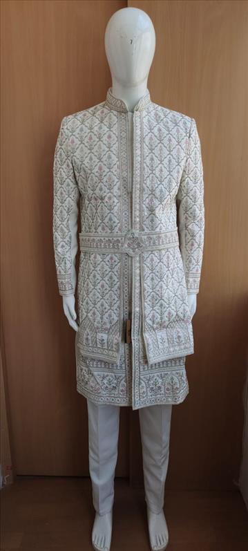 8162 - 15922 NEW HEAVY WORK BELT OFF WHITE SHERWANI  INDOWESTERN SHERWANI K B Dresswala