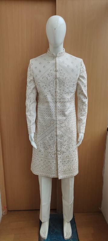 8187 - 16005 NEW WHITE  GOLD FLOWER PRINT SHERWANI INDOWESTERN SHERWANI K B Dresswala